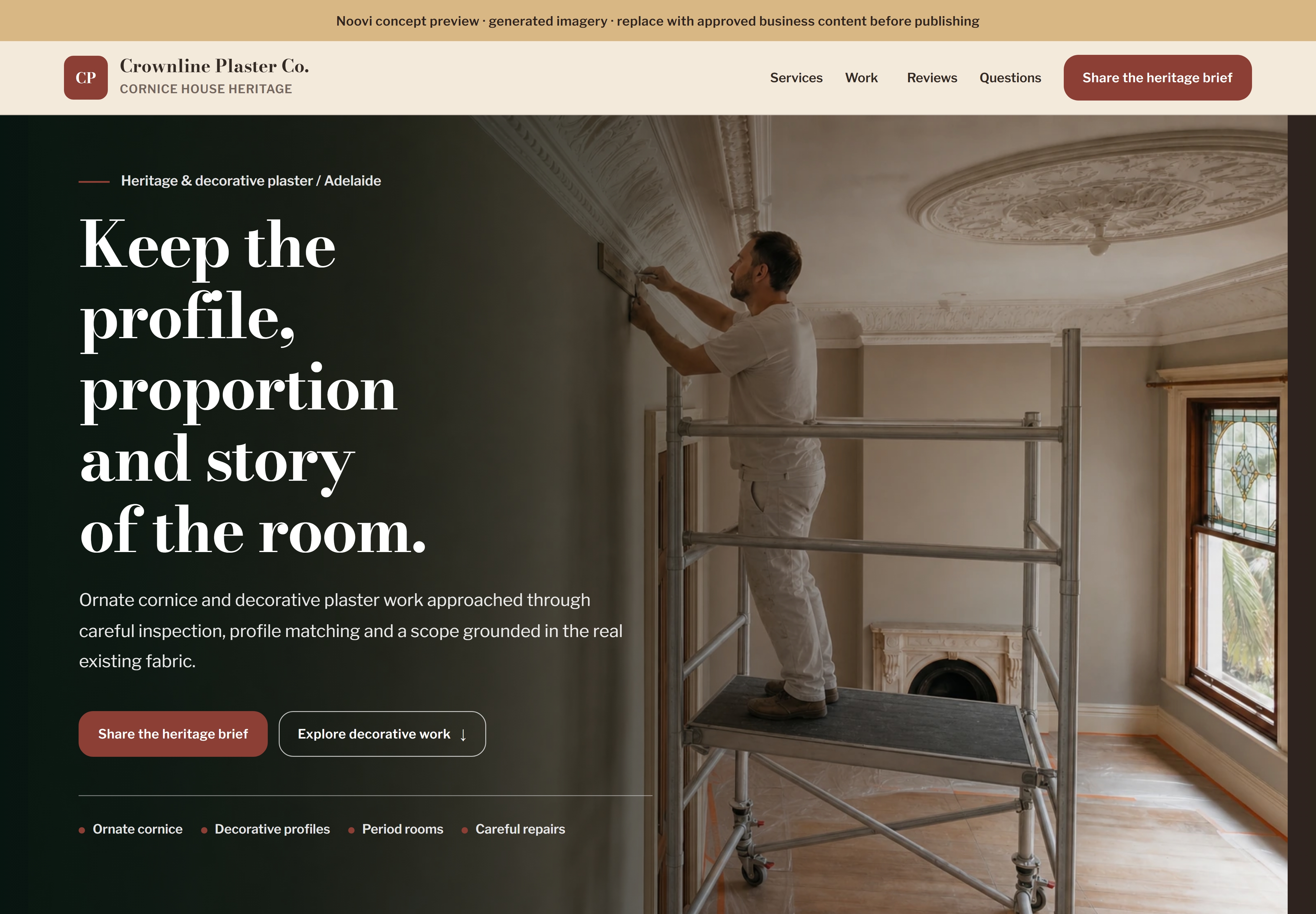 Cornice House Heritage Noovi plasterer design shown with the fictional Crownline Plaster identity